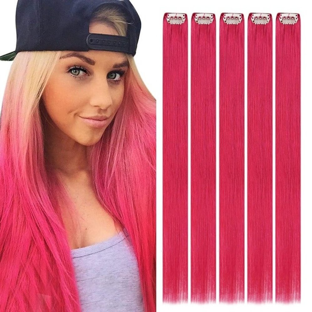 16" 100% Human Hair Clip In Extensions 5pcs 25g HOT PINK